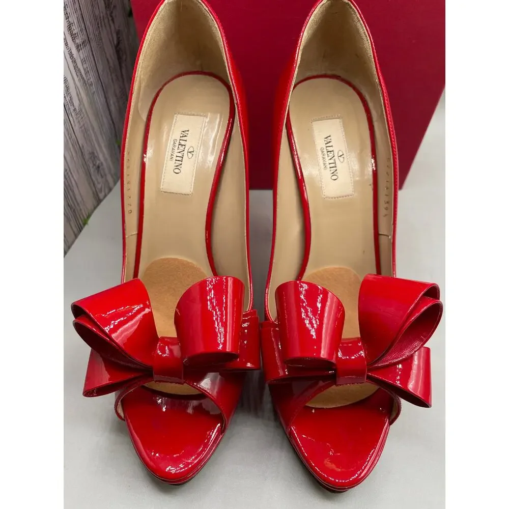 Valentino‎ Garavani Couture Open Toe Bow Red Patton Leather Womans Pump Heels 39